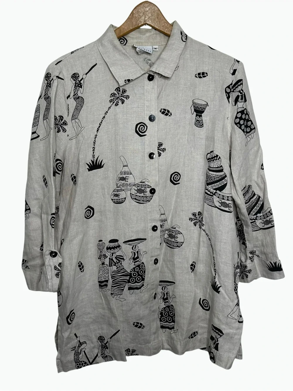 Vintage Hot Cotton by Marc Ware 100% Linen African Tribal Graphic Tunic Top M